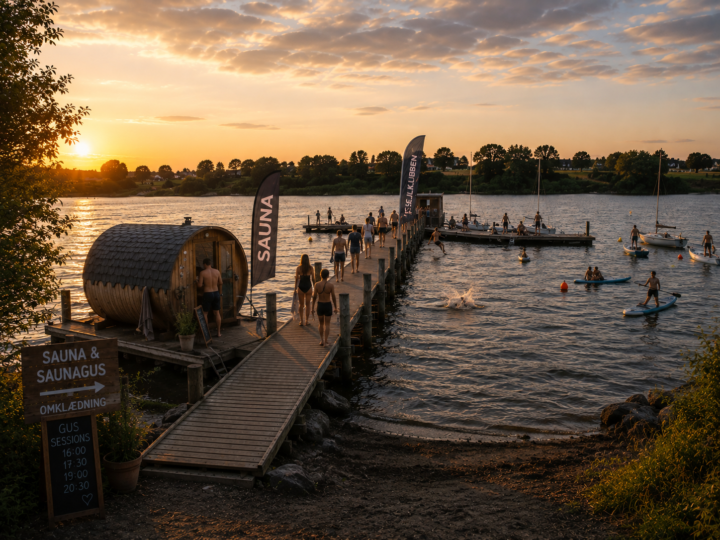 Sauna, badebro og vandaktiviteter ved Thurøbund i solnedgang