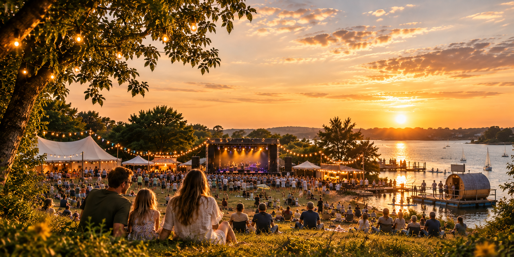 Festivalpladsen ved Thurøbund i solnedgang med scene, telte, sauna og publikum i græsset